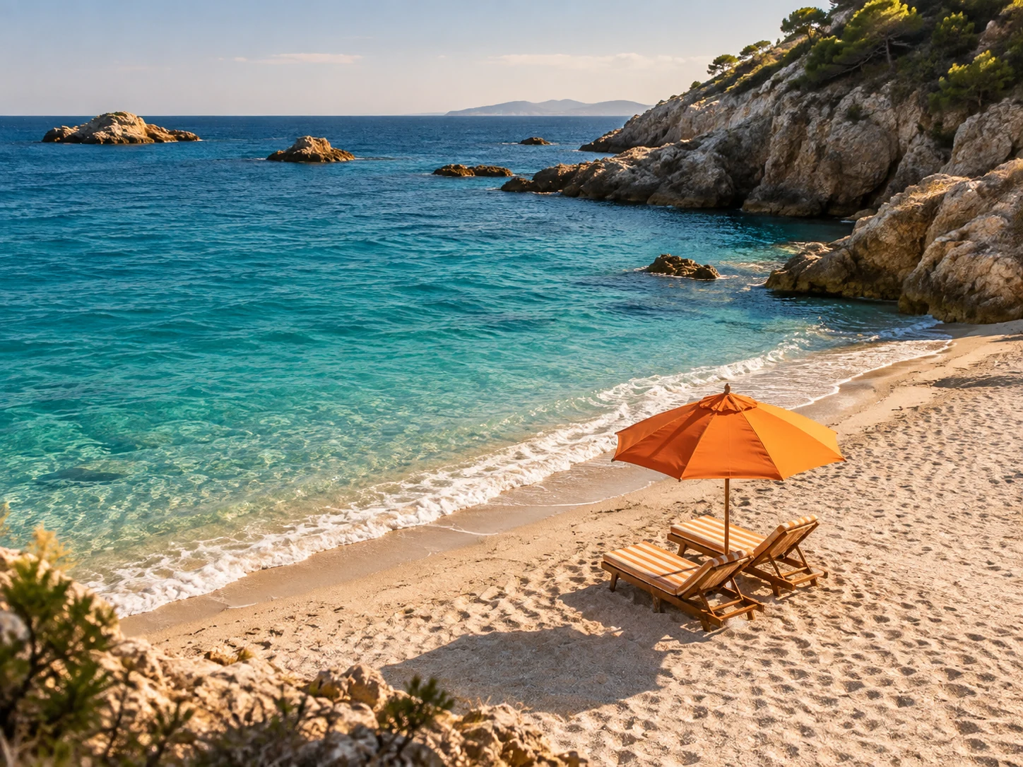 Turquoise sea, a sandy beach and an orange umbrella, illustrating a guide to photo rights